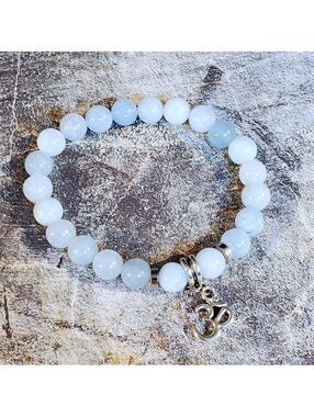 New Om Aum Zen Mantra Mindfulness Light Blue Agate Gemstone Stretch Bracelet